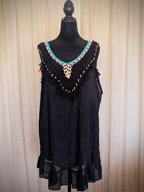 SHEIN Curve Black Tassel Swim Cover Up Beach Dress